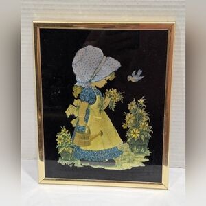 Vintage Foil Art Framed Glass Flower Girl Wall Decor
